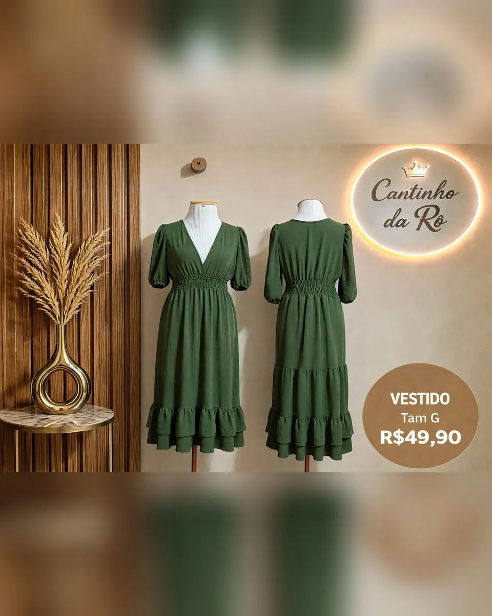 Vestido verde-oliva com babados, tamanho G