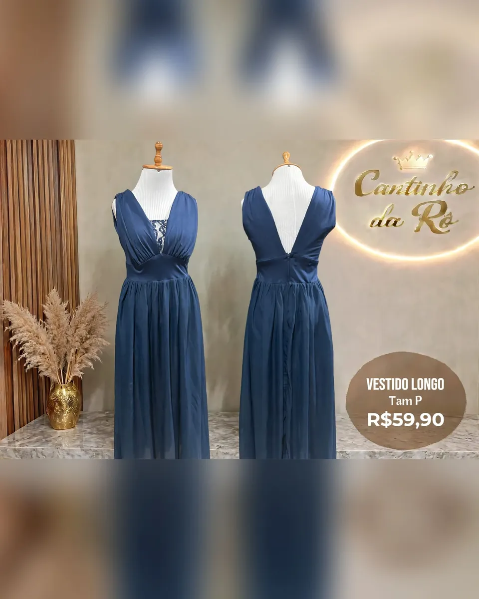 Vestido longo azul-marinho com decote em V, foto 1 de 1