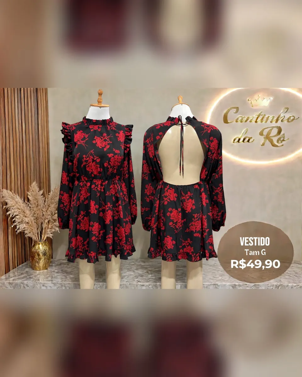 Vestido floral preto e vermelho, tamanho G